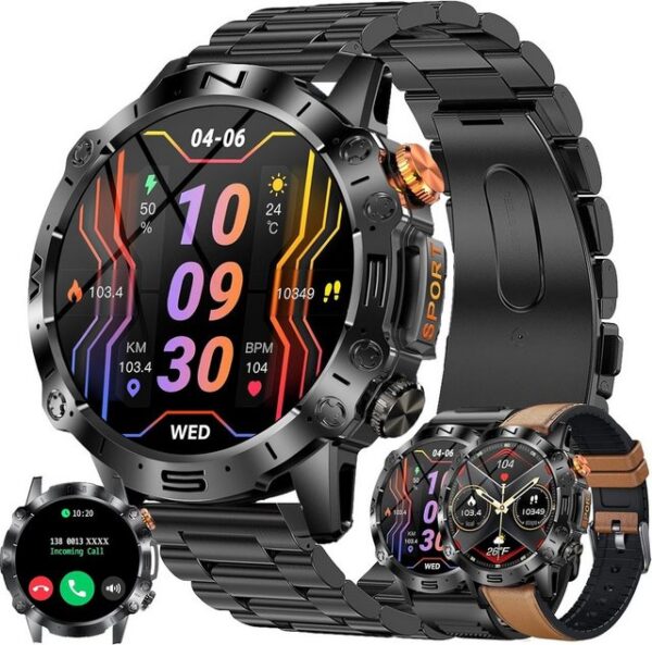 LWEARKD Smartwatch (1,43 Zoll, Android iOS), Herren Telefonfunktion AMOLED Fitnessuhr 123 Sportmodi SpO2 Pulsuhr