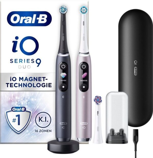 Oral-B Elektrische Zahnbürste iO 9 Duopack, Aufsteckbürsten: 3 St., mit Magnet-Technologie, 7 Putzmodi, Farbdisplay & Lade-Reiseetui