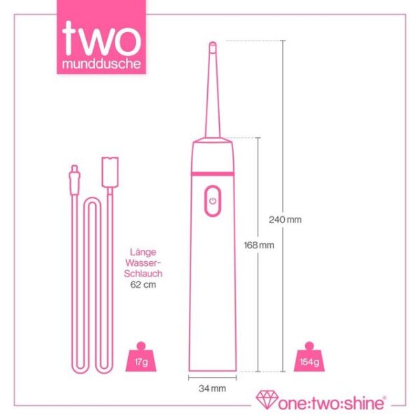 one:two:shine Reise-Munddusche TWO, klein, leicht, kabellos & elektrisch für Urlaub & Reise, mit, Aufsätze: 3 St., zur effektiven Zahnzwischenraumreinigung