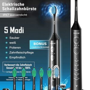 7MAGIC Elektrische Zahnbürste D36 Schallzahnbürste für Zahnpflege, mit 5 modi 3 Vibrationsstärken, Aufsteckbürsten: 6 St., Electric toothbrush für Erwachsene,Zähne reinigen wie ein Zahnarzt, Reise Zahnbürsten mit 6 Zahnbürstenkopf, Timer