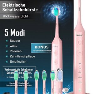 7MAGIC Elektrische Zahnbürste D36 Schallzahnbürste für Zahnpflege, mit 5 modi 3 Vibrationsstärken, Aufsteckbürsten: 6 St., Electric toothbrush für Erwachsene,Zähne reinigen wie ein Zahnarzt, Reise Zahnbürsten mit 6 Zahnbürstenkopf, Timer