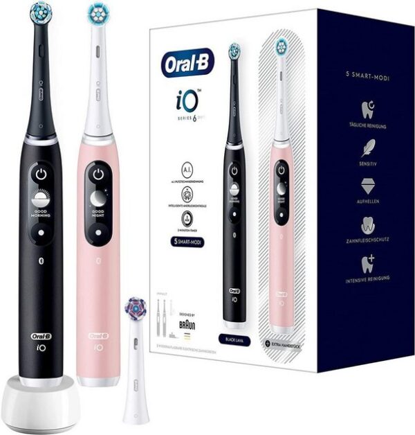 Oral-B Elektrische Zahnbürste Series 6 Elektrische Zahnbürste/Electric Toothbrush, Doppelpack, Aufsteckbürsten: 3 St., Zahnbürsten, Schallzahnbürste elektrisch,Ladeetui, Elektrische Zahnbürste, Aufsteckbürste, Drucksensor,Zahn Reinigung