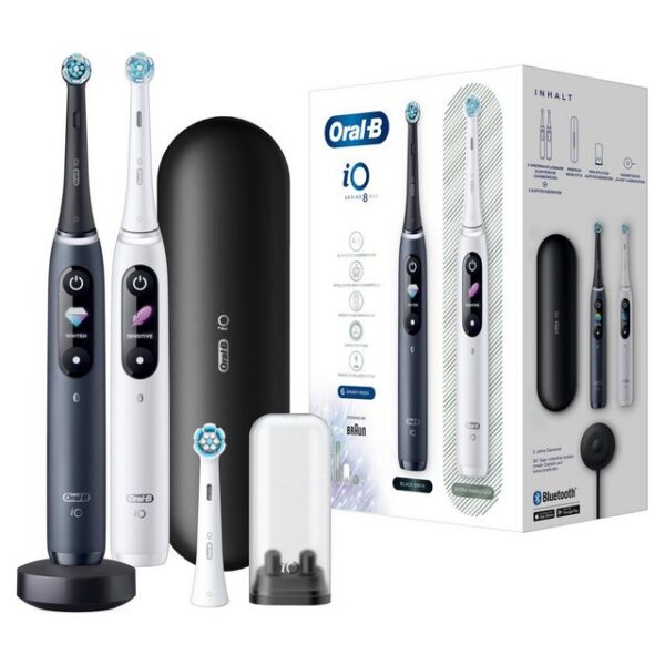 Oral-B Elektrische Zahnbürste iO 8 + 2. Handstück & Reiseetui - White Alabaster/Black Onyx