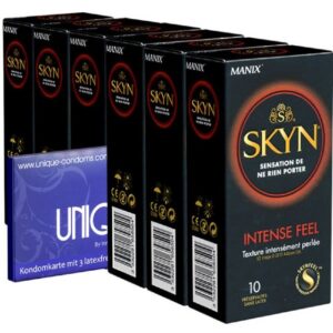 SKYN Kondome Intense (Intensly Raised Dots) 6 Packungen mit je 10 Kondomen, insgesamt, 60 St., Plus 3 Kamyra UNIQUE Kondome gratis -, genoppte latexfreie Kondome aus Sensoprène™