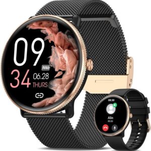 Sanorum Smartwatch Damen mit Telefonfunktion Smartwatch (3.53 cm/1,39 Zoll, AMOLED HD Touchscreen) mit 120 Sport Menstruationszyklus Schlafmonitor, Pulsuhr SpO2 IP68 Armbanduhr, Fitness Tracker für iOS Android Schwarz Roségold